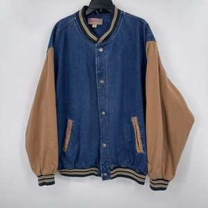 Port Authority mens blue denim varsity jacket 3XL brown bomber BoxM 90s Y2K